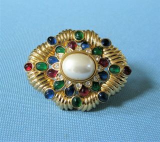 Fabulous Vtg Ciner " Jewels Of India " Mughal Style Faux Pearl & Gemstone Brooch