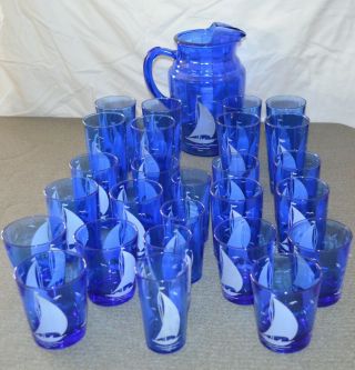 Vntg Hazel Atlas Cobalt Blue Sailboat Pitcher & 26 Glass Tumblers (w21)