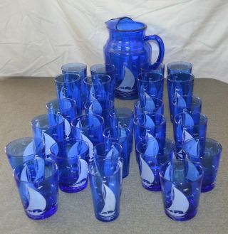 VNTG Hazel Atlas Cobalt Blue Sailboat Pitcher & 26 Glass Tumblers (W21) 2