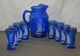 VNTG Hazel Atlas Cobalt Blue Sailboat Pitcher & 26 Glass Tumblers (W21) 3