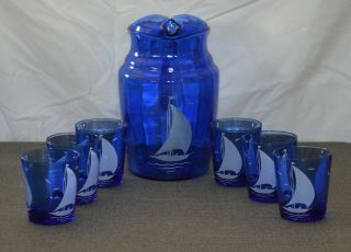 VNTG Hazel Atlas Cobalt Blue Sailboat Pitcher & 26 Glass Tumblers (W21) 5