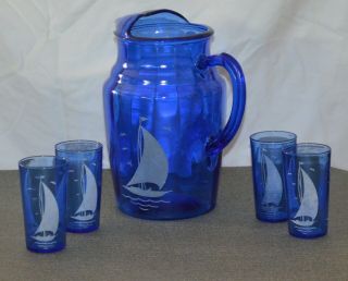 VNTG Hazel Atlas Cobalt Blue Sailboat Pitcher & 26 Glass Tumblers (W21) 6