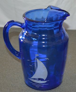 VNTG Hazel Atlas Cobalt Blue Sailboat Pitcher & 26 Glass Tumblers (W21) 7