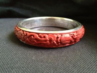 Cinnabar And Sterling Silver Carved Bangle Bracelet