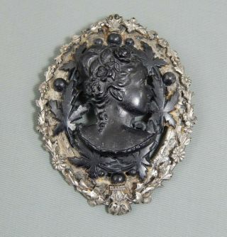 Rare Vintage Signed Joseff Of Hollywood Carved Black Cameo Brooch Pin