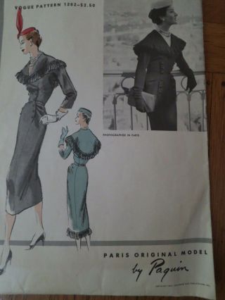Vogue Paris Model 1282 Paquin 50s Vintage 1955 Pattern Size14 Bust 32