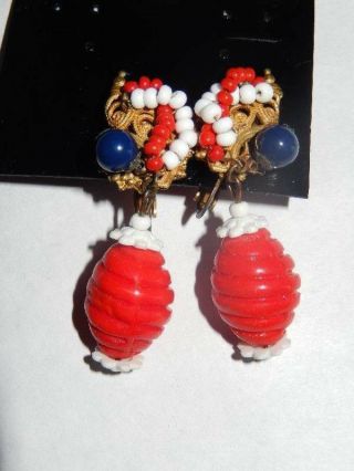 Vintage Miriam Haskell Gold Tone Red White Blue Glass Drop Earrings