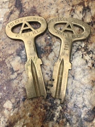 2 - Vintage Folger Adam Co.  - Joliet,  Ill.  Solid Brass Prison Key 4 1/2 " Ft Wood