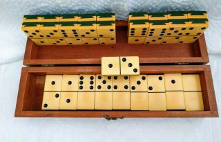 Rare Vintage Bakelite Two Tone Dominoes Set Of 28 Green & Butterscotch