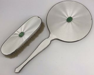 Art Deco Sterling Silver Enamel And Jade Hand Mirror And Brush