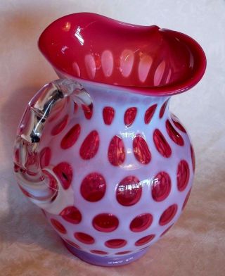 Vtg Fenton Cranberry Coin Dot Water Pitcher - Jug Large - Ice Dam 1948