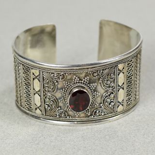 Vintage Sterling Silver Red Garnet Wide Cuff Bracelet - - 1179