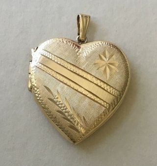 Vintage 14k Gold Heart Locket / Pendant,  1”x 3/4”,  With Etched Design On Front