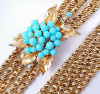 Vtg Signed Crown Trifari Turquoise Lucite Flower Clasp Gold Tn Long Bib Necklace