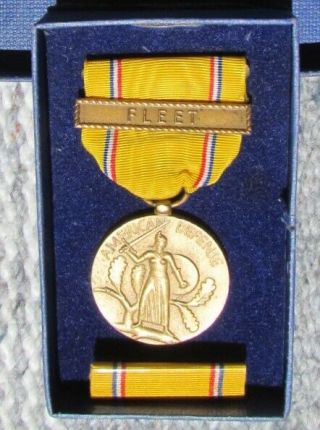 Vintage Wwii Us Navy/usmc American Defence Medal W/ " Fleet " Bar & Ribbon (pin)