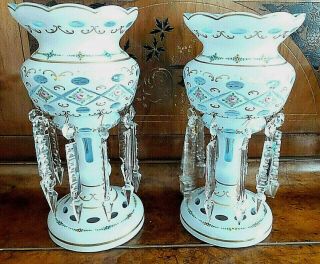 Two Vintage Lusters Light Blue Case Glass With Enamel Flowers And Crystals