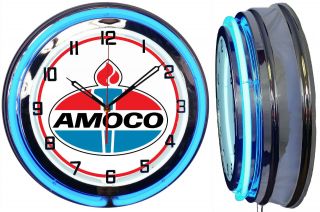 Amoco Oil Gas Vintage Logo 19 " Double Neon Clock Blue Neon Chrome Finish