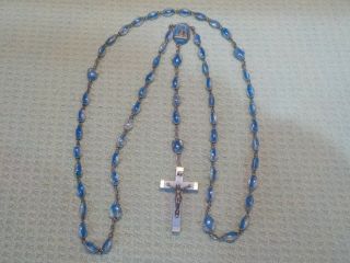 Vintage " Our Lady Of Lourdes " Blue Bubble Relic Religious Rosary Beads Necklace