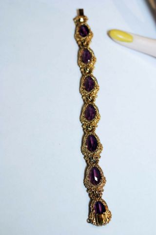 VINTAGE PANETTA BRUSHED GOLD TONE AMETHYST GLASS MODERNIST LINK BRACELET 6