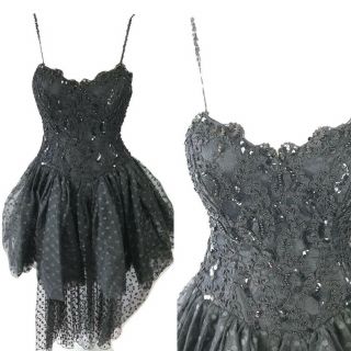 Vtg 80s Black Beaded Lace Sequin Strappy Dress W/ Train Tulle Size 4 Nylon Blend