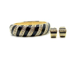 Vintage Swarovski S.  A.  L.  Gold Plated Enamel Crystal Bangle Bracelet Earrings Set