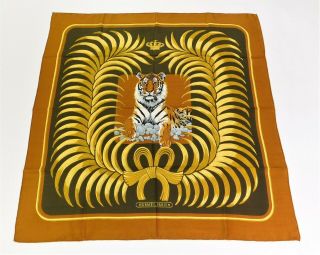 Auth HermÈs 1977 Rare Tigre Royal 90cm Silk Scarf In Its Box Copper Golds Brown