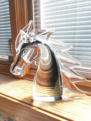 Vintage 9 " Murano Glass Horse Head - Smokey Blue To Clear -