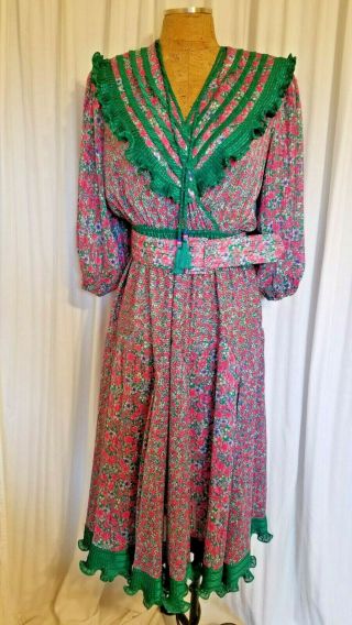 Vintage Diane Freis Green Pink Floral Georgette Dress Belted Ruffle Trim Tassels