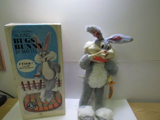Vintage 1961 Mattel Bugs Bunny Talking Plush Doll Pull String Rubber Face w/Box 12