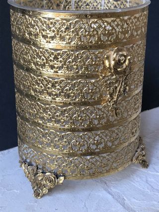 Vintage MATSON ROSES Gold Ormolu Trash Can Antique Wastebasket Liner Filigree 4