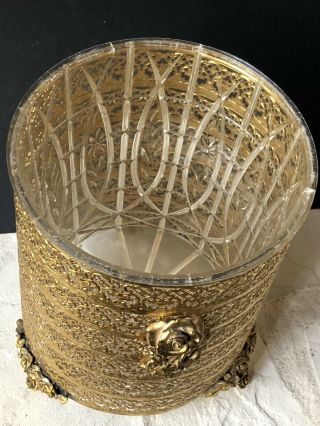 Vintage MATSON ROSES Gold Ormolu Trash Can Antique Wastebasket Liner Filigree 5