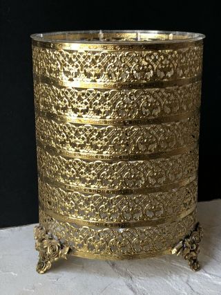 Vintage MATSON ROSES Gold Ormolu Trash Can Antique Wastebasket Liner Filigree 6