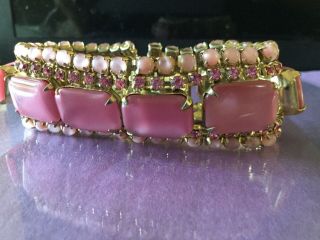 Vtg D&e Juliana Hot Pink Rhinestones Givre Glass Cabochons Goldtone Bracelet - 60
