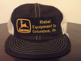 Vtg.  John Deere Riebel Equip.  Co.  Trucker Farm Cap Hat Louisville Patch Cols.  Ohio