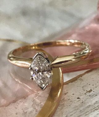 Vintage Solid 14k Gold 1/2 Carat Marquise Diamond Solitaire Engagement Ring