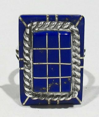 Fine Vintage Signed Zuni Joe Eustace 925 Silver 2 Tier Raised Inlay Lapis Ring 6