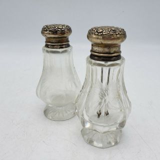 Vintage Cut Glass Or Crystal Salt & Pepper Shakers S&p W/ Sterling Silver Lids