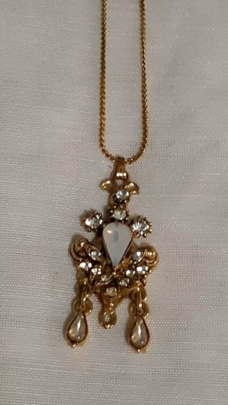 Estate Fine Vintage 14k Gold White Opal Pear Shape With Diamonds Necklace Vgc