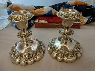 Antique Silver Plate On Copper Art Nouveau Candlesticks Candle Holder Pair Rare