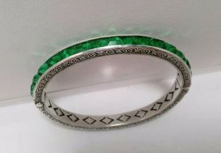 Vintage Sterling Silver Square Emerald Green Stone Art Deco Bangle Bracelet