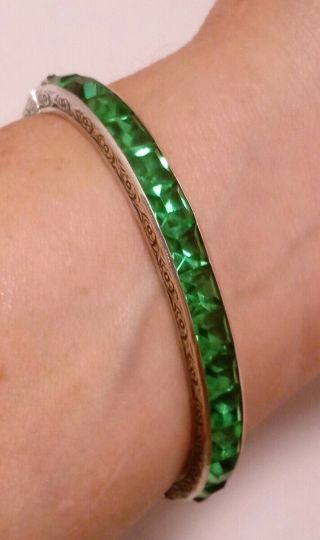 Vintage Sterling Silver Square Emerald Green Stone Art Deco Bangle Bracelet 2