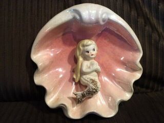 Vintage Norcrest Blonde Girl Mermaid In Pink Shell Ceramic Wall Hanging Htf