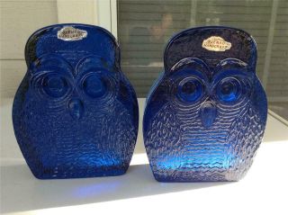 Set Of 2 Vintage Mcm Cobalt Blue Glass Blenko Owl Bookends By Joel Meyers