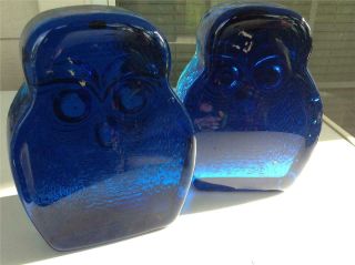 Set of 2 Vintage MCM Cobalt Blue Glass Blenko Owl Bookends By Joel Meyers 2