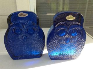Set of 2 Vintage MCM Cobalt Blue Glass Blenko Owl Bookends By Joel Meyers 3