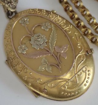 Antique Victorian Etruscan Revival Gold Filled Flower Locket Necklace