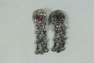 Vintage Mexican Mexico Sterling Silver Turquoise And Coral Clip On Earrings