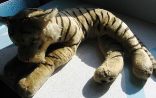 VINTAGE 1950s LARGE STEIFF TIGER Over 2ft Long Mohair Green Glass Eyes GOOD CDT 8