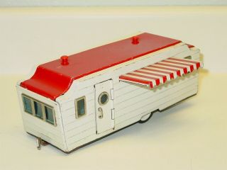 Vintage Japan Tin Bandai House Van W/awning,  Trailer,  Toy Vehicle,  Red/white