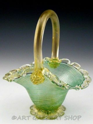 Vintage Murano Italy Art Glass Hand Blown Gold Fleck & Green Basket Bowl Dish
